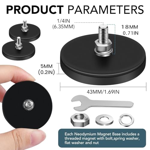 DIYMAG Magnet 6PCS 1/4inch Screw Hole Strong Rubber Coated Magnets Magnetic License Plate Holder Mounting Heavy Duty Rare Earth Round Base Flat Bar Camera Vehicle Threaded Studs Bolts Rock Light