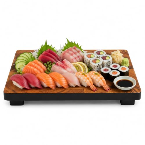 Image of Woodard & Charles Raised Acacia Wood Serving Tray, 12 inch x 8 inch x 1.75 inch, 4 Pack | Platform Serving Tray with Feet; Serve Cheese, Charcuterie, Sushi, Appetizers, Small Bites at Home, Parties, Catering Events