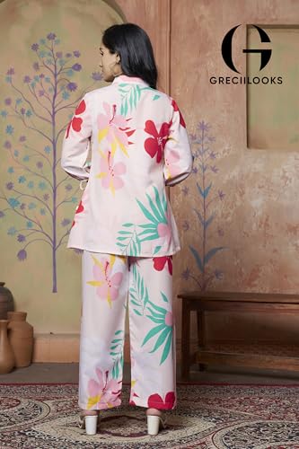 Greciilooks Women Rayon Blend Floral Ethnic Wear Formal Kurta Co-Ord Set (Gl-W1847&Tr904-S-Beige)