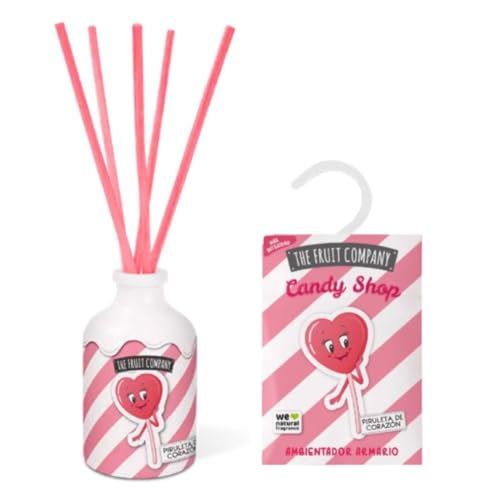 TIENDIFY - Pack infantil ambientador de armario y mikado 40 ml The Fruit Company set para hogar armarios y cajones larga duración sin alcohol (Piruleta de Corazón)