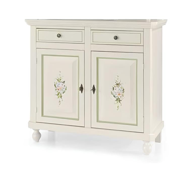 Vicentini arreda CREDENZA NAPOLETANA 2 ANTE IN LEGNO BIANCO DECORATA FILO VERDE