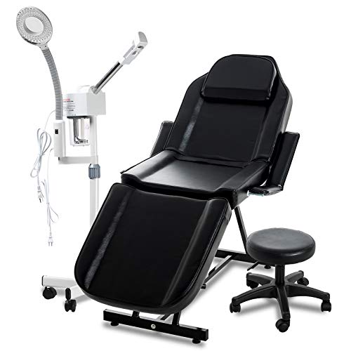 SUNCOO 2-1 Facial Steamer with 5X Magnifying Lamp Hot Spray and Massage Table Facial Bed Chair with Adjustable Portable Stool Removable Headrest Facial Cradle Towel Holder for Spa Salon Tattoo Black