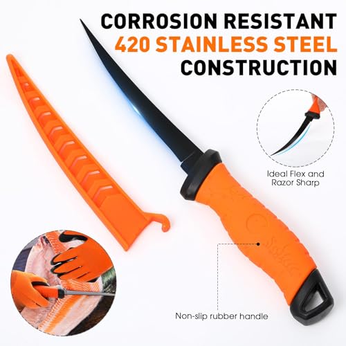 Image of RoundFunny 10 Pcs Fishing Tool Kit, Fishing Pliers with Lanyard and Protective Sheaths, Landing Net, Fillet Knife, Fish Scale, Gripper, Hook Remover, Braid Scissors, Gloves for Men Dad Gift