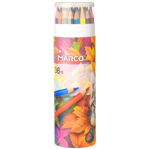 MARCO Lápices de colores, 36 colores al óleo para adultos, lápices de colores para niños, forma hexagonal, preafilados e irrompibles, juego de lápices en vaso para lápices, ideal para niños