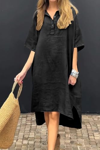 Image of chouyatou Women's Summer Casual Linen Beach Tunic Dress Loose High Low Midi Long Polo T Shirt Dress