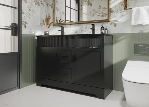 Image of eclife 48 inch Bathroom Vanities Sink Combo with Painted Surface, Modern Drawered Cabinet W /Decorative Wave Lines, Undermount Double Black Sink, Matte Black Faucet Drain, Black
