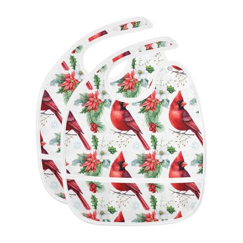 MCHIVER Poinsettia Bird White Baby Bibs for tag1 Waterproof Feeding Bib Apron with Food Cather Adjustable Cotton Food Eating Bib 2 Pack