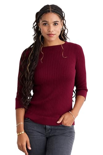 Women's Organic Cotton 3/4 Sleeve Cable Boat Neck Sweater