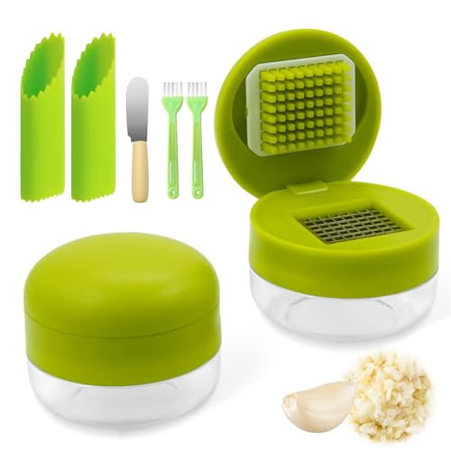 2 Pcs Garlic Press Stainless Steel,Mini Garlic Chopper,with Peeler，Cleaning Brush