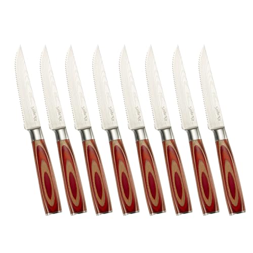 SanheKit Steakmesser-Set, deutscher Edelstahl mit hohem Kohlenstoffgehalt, 50cr15-Stahl, Holzgriff, Full-Tang-Design (8 Stück(Rot))