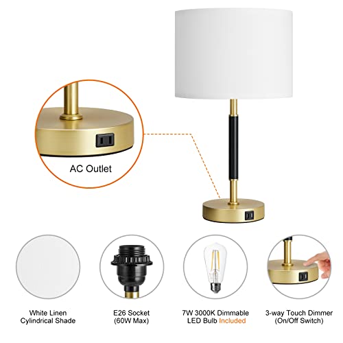 Suraielec Touch Control Table Lamp Set Of 2, Gold Lamp With 2 Usb Charging Ports & Ac Outlet, 3-Way Dimmable Modern Nightstand Lamp For Bedroom, Living Room, White Linen Drum Shade, Led Bulb Included #TOP3