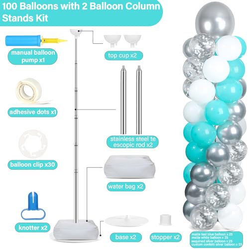Image of 2 Sets Teal Blue Silver White Balloon Column Stand Kit with 102 Balloons Adjustable Balloon Tower Stand with Bases for Floor Confetti Silver Balloons Column Kit for Graduation Birthday Party Decor