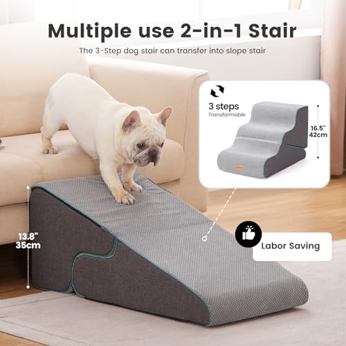 Image of Gardner Pet Dog Stairs for Small Dogs 16.5 inch H, 2 in 1 Transformable 3-Step Pet Stairs and ramp, Dog Steps for Couch (13-20 in) with Durable Non-Slip Waterproof Cover and CertiPUR-US Certified Foam
