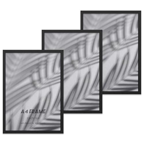 YONGHUO A4 Frame, 3 Pack Wooden A4 Picture Frames, Black A4 Frames, 21 x 29.7cm, with Plexiglass, Wall Hooks, Stand and Mat, for Tabletop or Wall Hanging, Black
