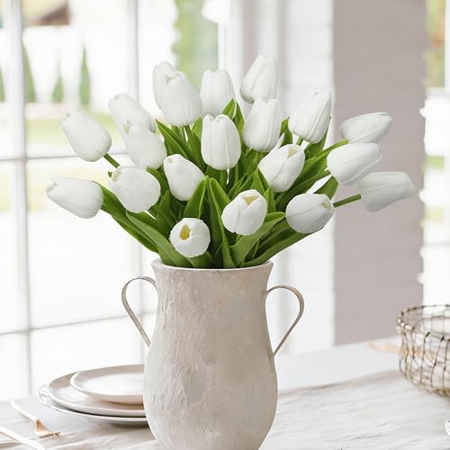 BLISOUL Real Touch Artificial Tulips, 20pcs Fake Tulip Flowers Stem, PU Faux Tulips 13.5” for Mother's Day, Home Decor, Wedding, Easter Valentine's Gift, Table Centerpieces, Floral Arrangements, White