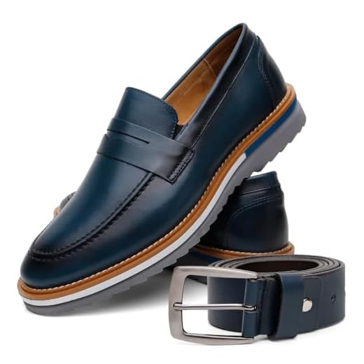 Conjunto Sapato Social Masculino Tratorado Em Couro Legítimo Com Cinto Largo Ajustável Confortável E Versátil (Azul, BR, Adulto, Numérico, 38)