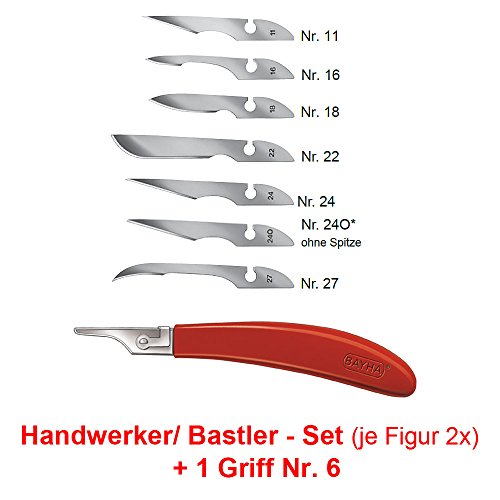 Handwerker Set: 14x Bayha Mix Skalpellklingen und Griff Nr.6 von Kosmetex, einzeln verpackt, Set: Handwerker - Griff