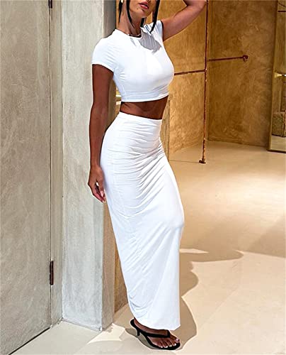Image of Women 2 Piece Bodycon Maxi Skirt Set & Crop Top Summer Outfits | Soft Stretchy Fabric, Slim Fit, Short Sleeve, High Waist, Casual Lounge Matching Sets, Dressy Vacation Outfit, Date Night