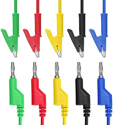 IGNPION 0.15”(4mm) 5PC Banana Plug to Crocodile Alligator Clip Test Probe Multimeter Probe Test Lead, Lead Wire Silicone Cable,39.37”(100cm) (5pcs colors)
