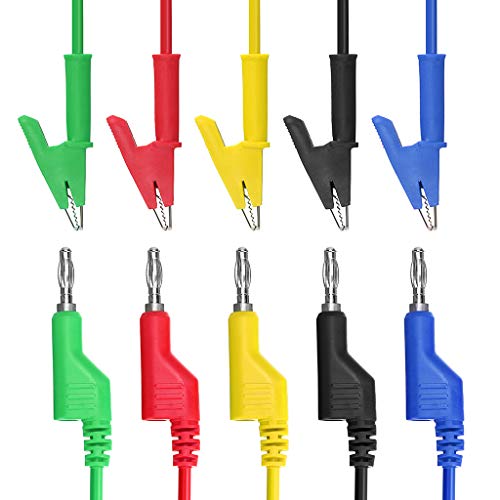 IGNPION 0.15”(4mm) 5PC Banana Plug to Crocodile Alligator Clip Test Probe Multimeter Probe Test Lead, Lead Wire Silicone Cable,39.37”(100cm) (5pcs colors)