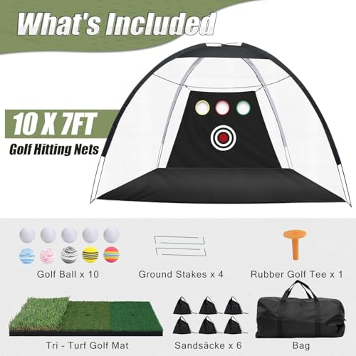 3x2.1M Golf-Übungsnetz für das Training im Garten 10x 7ft, im Haus und im Freien, Golf-Schlagnetz mit dreifarbiger Rasenmatte, 10 Golfbällen und Tee, ideal für Abschläge, Chips und Schwungübungen
