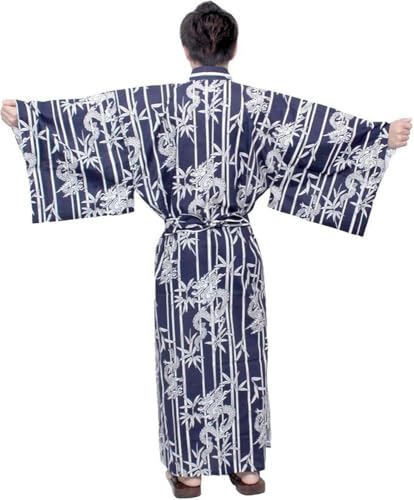 JapanBargain, Japanese Men's Cotton Yukata Kimono Bath Robe Bamboo and Dragon Design, Navy Color, Made in Japan2
