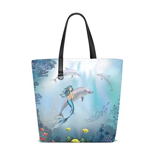 Preisvergleich Produktbild BKEOY Große Damen-Handtasche, Schultertasche, Unterwasserwelt, Delfin, Meerjungfrau, Einkaufstasche mit Reißverschluss
