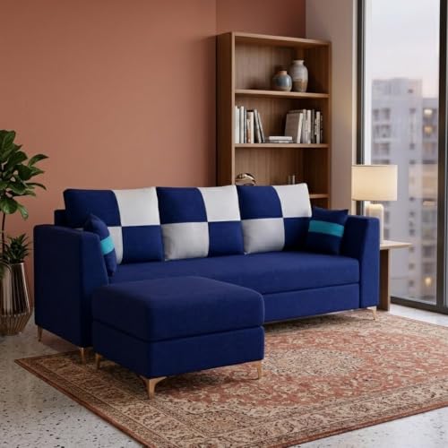 Image of FURNY Signature Cresta 4-Seater L-Shape Sofa Set with Movable Ottoman | Flexible LHS /RHS Layout | Boston Fabric | 40D Foam + Zigzag Spring | 3-Yr Warranty (Midnight Blue, Light Grey)