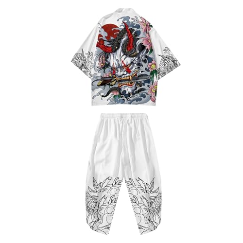 DUHENWU Kimono Set Hombre Japonés Multicolor Estampado Suelto Cardigan Verano Manga 3/4 Kimono Manga Corta Cómodo Traje Casual Suave Transpirable Traje Deportivo Primavera Verano Traje de Fitness, A