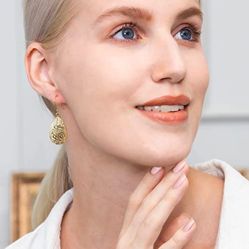 Yellow Gold Flashed Sterling Silver Filigree Teardrop Drop Dangle Earrings For Women #TOP2