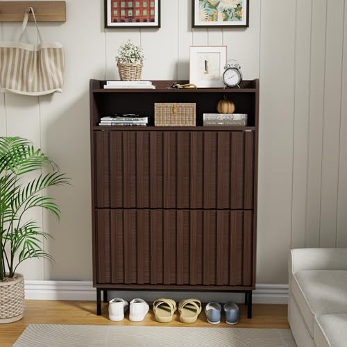 UEV Armoire à Chaussures, Meuble à Chaussures Inclinable, 3 Compartiments (2 Rangements...