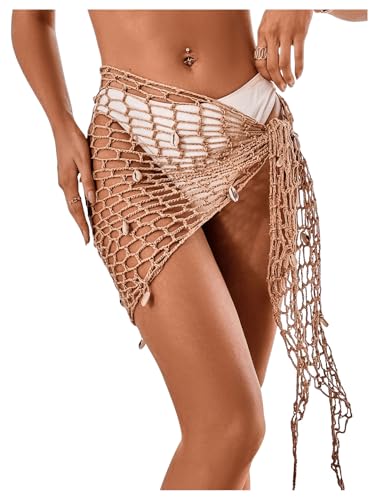 GORGLITTER Women's Crochet Seashell Beach Cover Ups Sarong Wraps Hollow Out Tie Side Swimsuit Coverup
