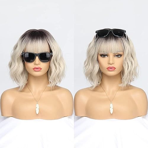 Bestung Short Blonde Bob Wigs For Women Wavy Ombre Grey Blonde Wig With Bangs Ash Blond Wig Synthetic Hair Water Wave Medium Length Colorful Wigs(12 Inches) thumb #5