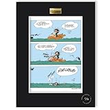 Cette affiche offset d'art dérivée de la bande dessinée de Gaston Lagaffe par Franquin est imprimée sur un papier d'art Conquéror Connoisseur 100% coton / 315g. Chaque exemplaire est encadré dans une Marie-Louise noire ornée d’une plaque en étain Akimoff. Edition limitée et numérotée à 99 exemplaires. Dimensions: 30x40cm. M'ENFLLGBLUBL.