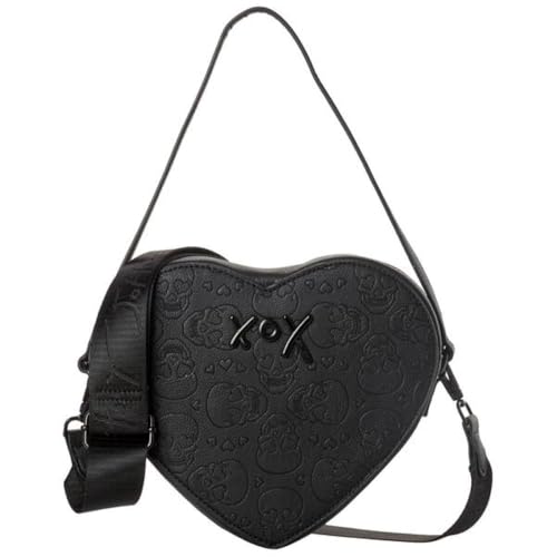 Betsey Johnson XO Heart All Over Skull Embossed Heart Shaped Black Faux Leather Small Top Handle Handbag Shoulder Bag Crossbody Bag