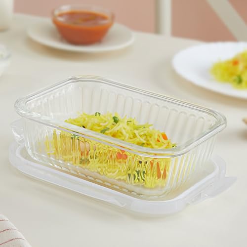 Image of Borosil 640 ml Fluted Klip N Store Rectangle Food Storage Container with Air Tight Glass Lid | Borosilicate Glass Container for Lunchbox | Microwave & Dishwasher Safe | Transparent