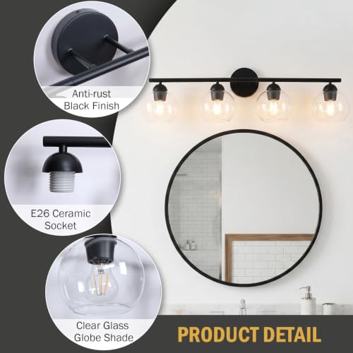 Image of 4 Light Bathroom Vanity Light, Black Vanity Light with Globe Glass Shades, Farmhouse Bathroom Light Fixtures Over Mirror, Modern Wall Light Fixture for Bedroom Hallway, E26 Socket