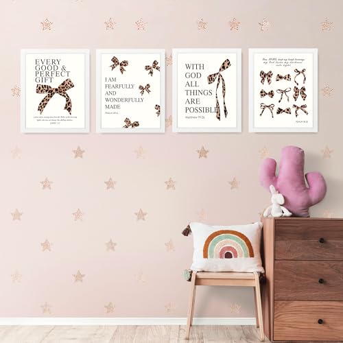 Image of LARTSFRO Coquette Leopard Bow Wall Art Decor Posters, Y2K Cheetah Leopard Bow Room Bedroom Bathroom Dorm Wall Art Decor Aesthetic for College Teen Girls Gifts, Inspirational Bible Verses Bow Wall Decor, 10x8 Inch Set of 4 Pcs Cheetah Bow Pictures (WHITE FRAMED)