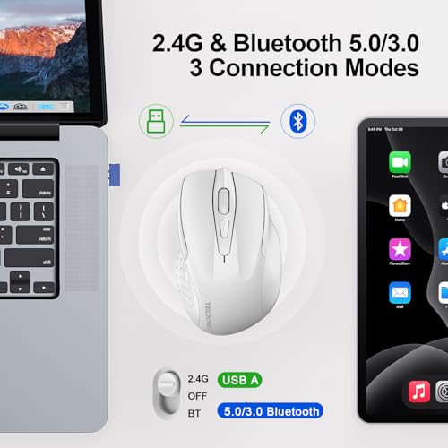 Image of TECKNET Wireless Mouse, BT 5.0 /2.4G, Rechargeable 6-DPI Silent, White | Bluetooth 5.0 /3.0 & USB A, 2-Device Easy Switch, Wide OS Compatible, 6 Buttons, 6-DPI up to 4800, Ergonomic for S to M Hands
