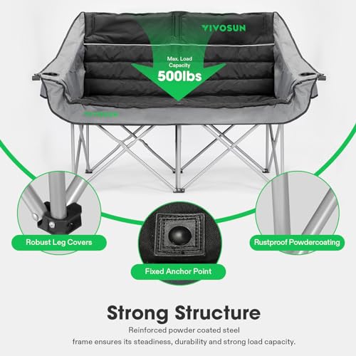 VIVOSUN Double Camping Chair, Fully Padded Folding Loveseat, Oversized Duo Chair with Cup & Wine Glass Holders, Pocket, Armrests & Carry Bag, Sturdy Steel Frame Supports up to 500lbs by VIVOSUN - Image 4