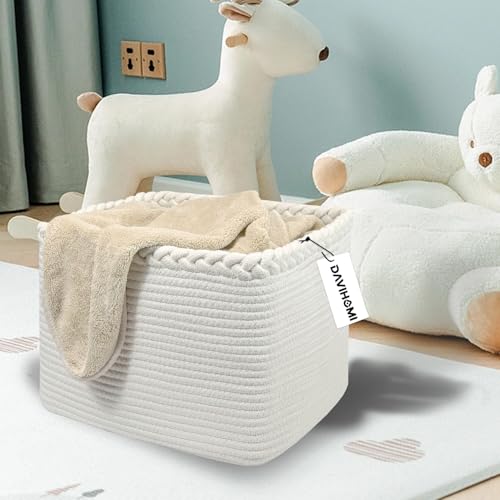 Image of Rectangular Woven Cotton Rope Basket for Organizing, Gift Baskets for Handles, Empty Gift Baskets, Medium Rope Basket|13.5 inch x 11 inch x 9.5 inch home decor for Toys,Towels, Pillows,Clothing（White）