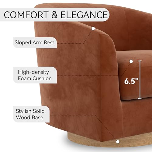 Image of Swivel Accent Chair, Upholstered Modern Barrel-Curved Arm Chair, Velvet Fabric Comfty Sofa Reading Chair with Solid Wood Base for Living Room, Bedroom, Club, Burnt Orange