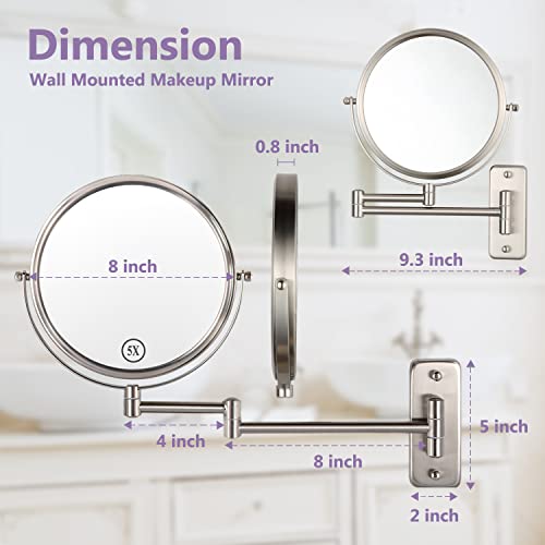 Alhakin Wall Mounted Makeup Mirror, 1X/5X Magnifying Mirror Double Sided, 8 Inch Extendable Bathroom Mirror For Shaving, Nickel #TOP3