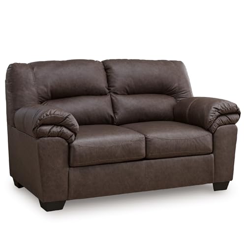 Image of Signature Design by Ashley Faux Leather Loveseat Sofa Couch, Umber Brown | No-assembly 66 in profile, Anti-sag platform foundation with jumbo stitching, WalkerPoint Series
