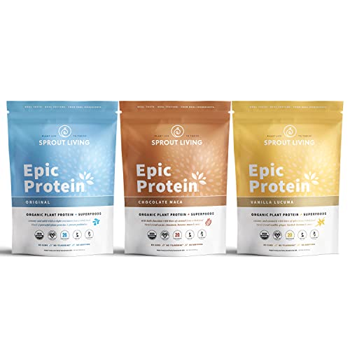 Sprout Living Epic Protein Bundle - Original, Chocolate Maca & Vanilla Lucuma (20-26G Organic Plant-Based Protein Powder, Vegan, Superfoods) | 1Lb, 12 Servings #TOP15