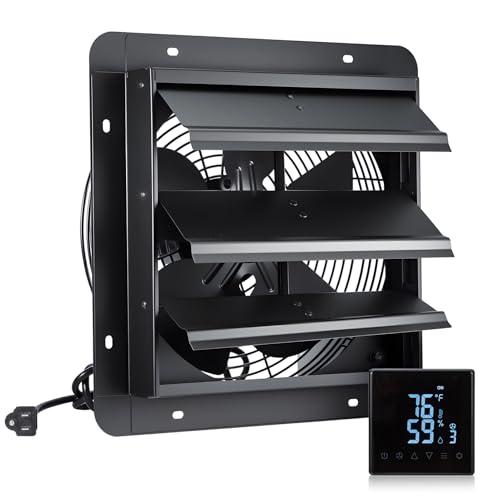 GROWNEER 12 Inch Shutter Exhaust Fan with Temperature Humidity Controller, 1200 CFM Remote Control Vent Fan, 10-Speed Adjustable Wall Mount Attic Fan for Greenhouses Garages Sheds