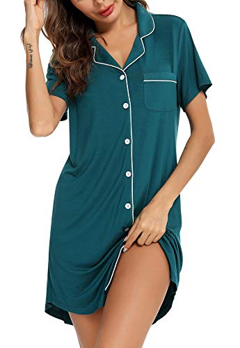Image of Samring Pajama Nightgown for Women Short Sleeve Button Down Boyfriend Night Gown Nightdress Sleep Shirts