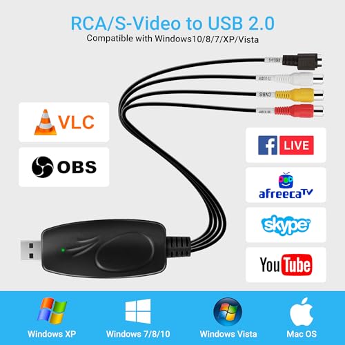 USB 2.0 Audio Video Capture Card,Digitization of Old Videos, VHS VCR TV to DVD Converter, Suitable for Mac OS & Windows 10/8/7/XP/Vista, with a 100 cm RCA Extension Cable and Windows Software CD
