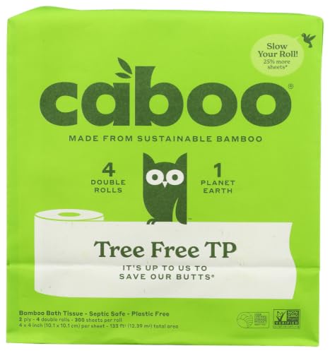 Caboo Tree Free Toilet Paper, Septic Safe Bath Tissue, Quick Dissolving 2 Ply Sheets - 300 Sheets...