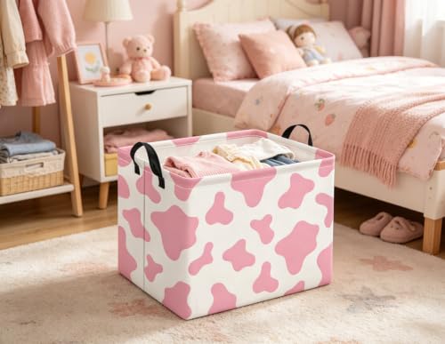 Image of Rectangular Baby Kids Storage Basket for Home Kitchen Girls Cute Toy Storage Bin Organizer Shelf Book Room Decor(Pink Cow)